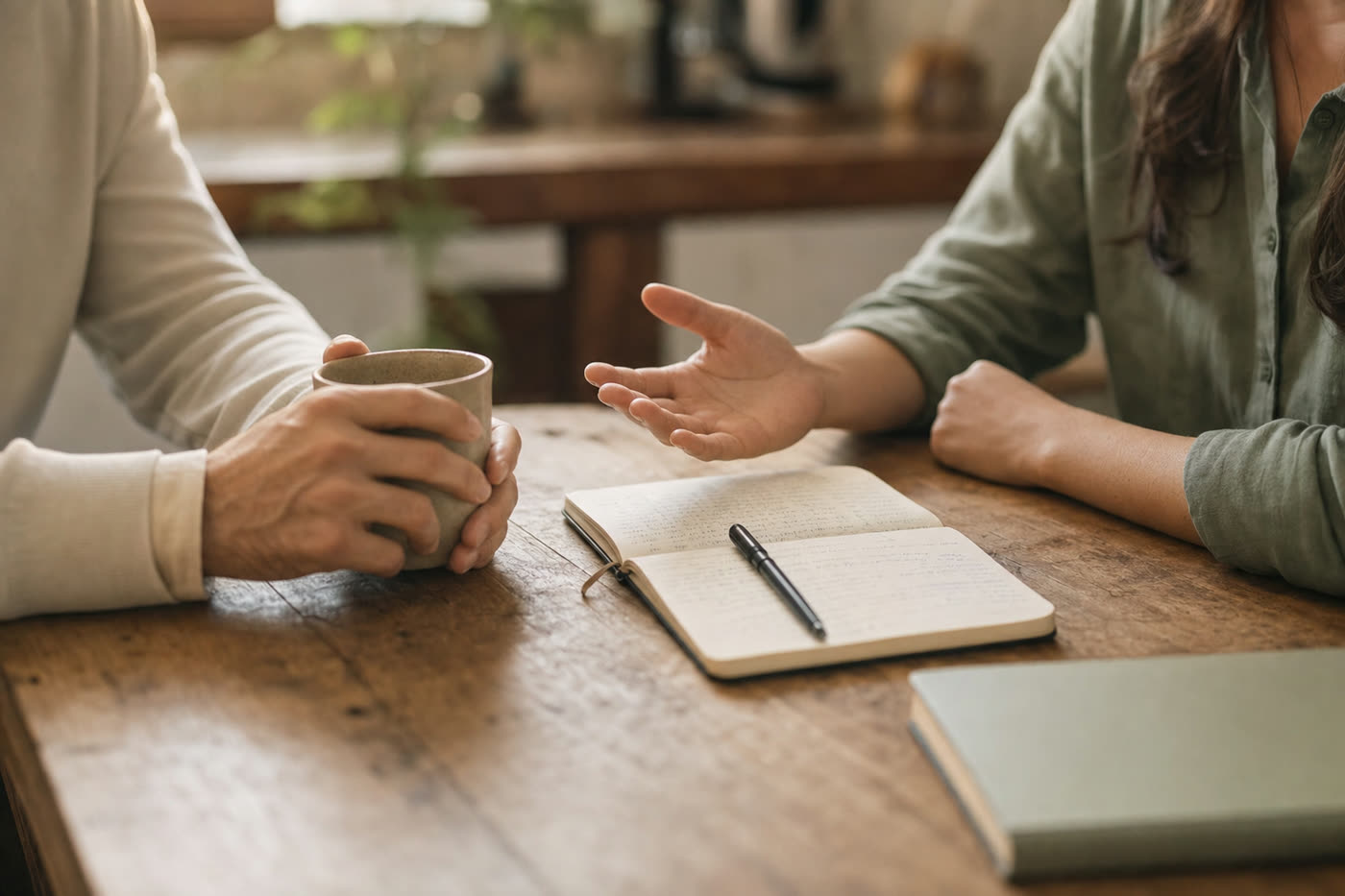 Two people talking at a kitchen table with an open notebook, mid-conversation.